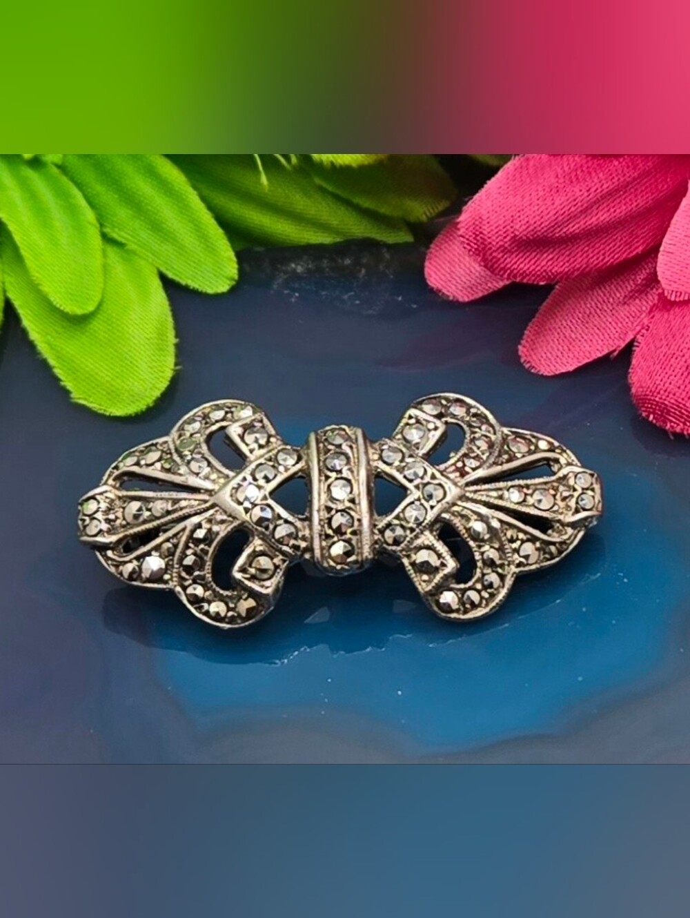 Sterling Silver Marcasite Brooch Silver Tone Made in Israel 925